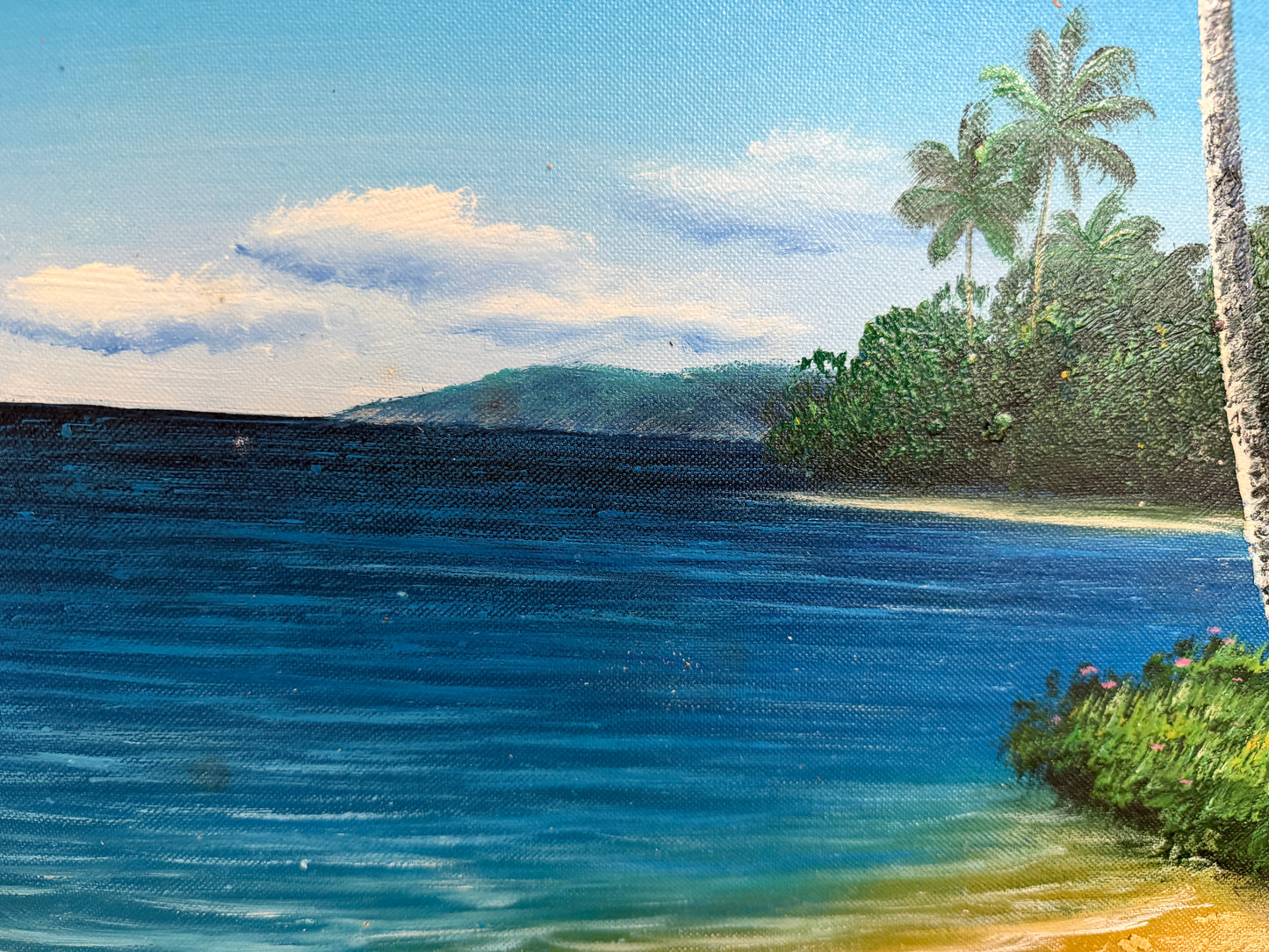 Tropical Beach Oil Painting Signed M Gordon, Palm Tree Seascape, Caribbean Coast