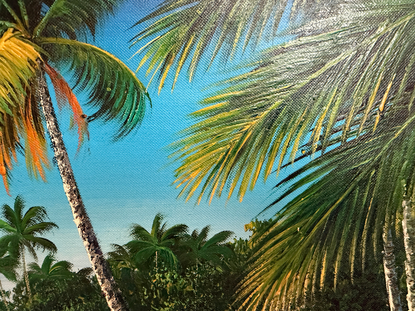 Tropical Beach Oil Painting Signed M Gordon, Palm Tree Seascape, Caribbean Coast