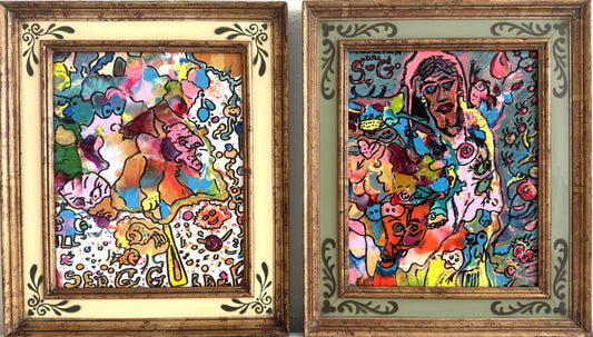 Set of 2 Abstract Paintings by Serg Graff "Flower Fairy" | "Mr Umbrella" Framed