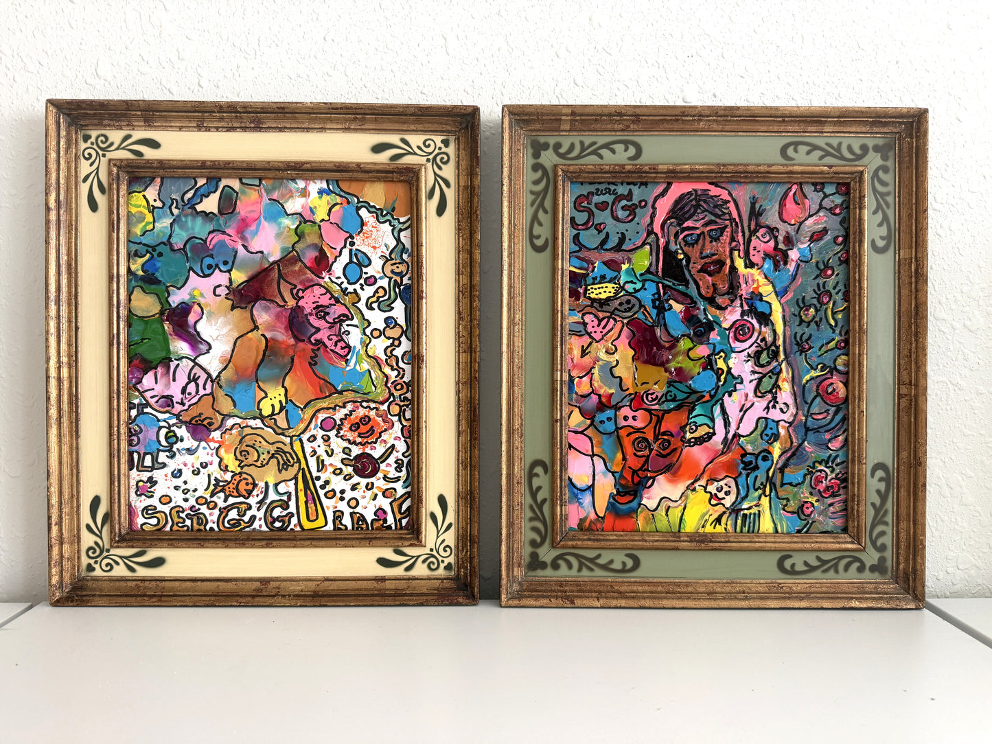 Set of 2 Abstract Paintings by Serg Graff "Flower Fairy" | "Mr Umbrella" Framed