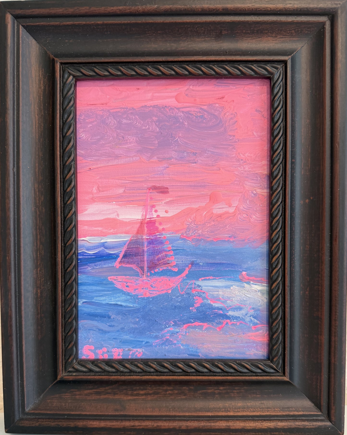 “Pin Dream” by Serg Graff Original Painting, Pink Sailboat Seascape, Coastal Art