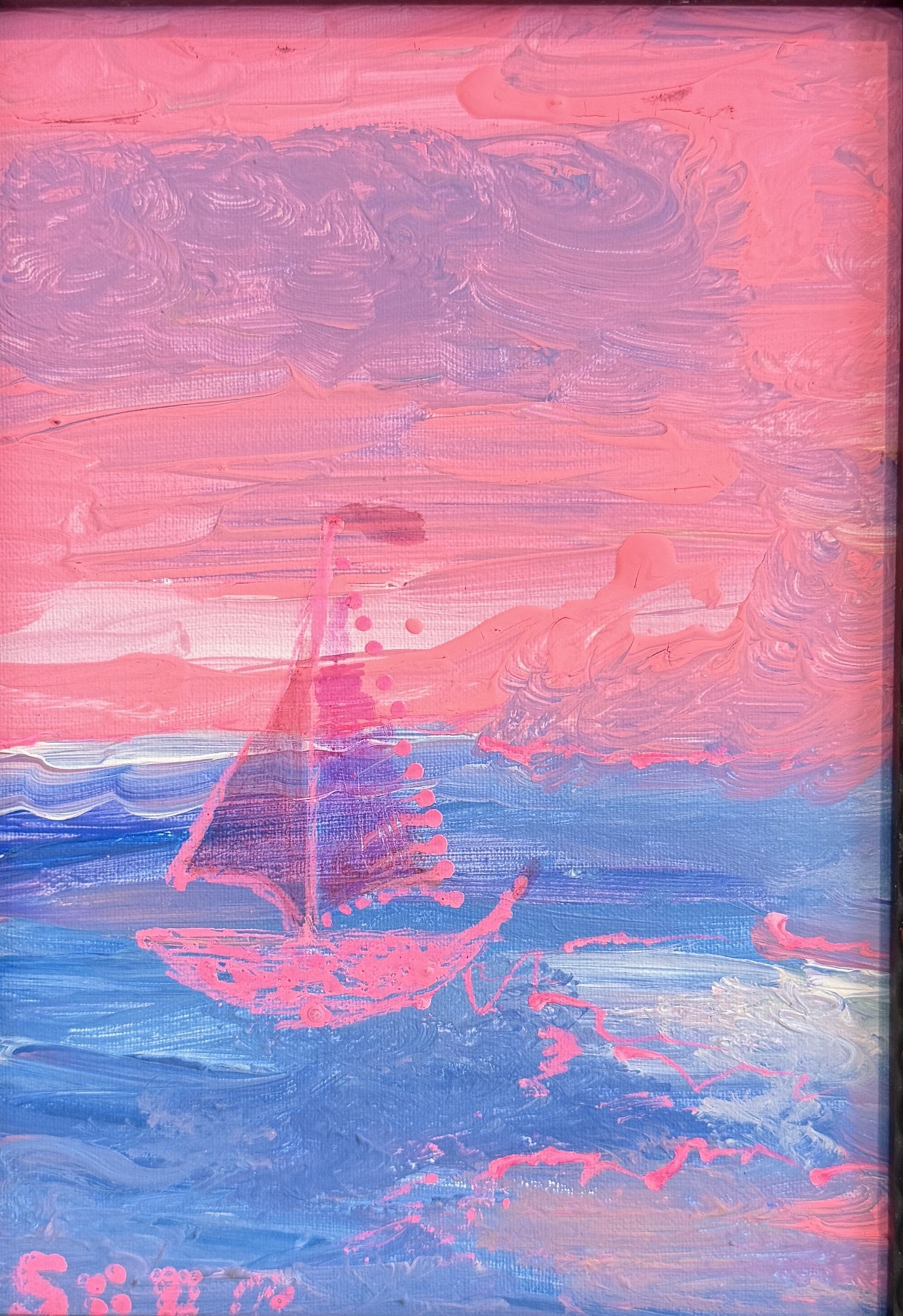 “Pin Dream” by Serg Graff Original Painting, Pink Sailboat Seascape, Coastal Art