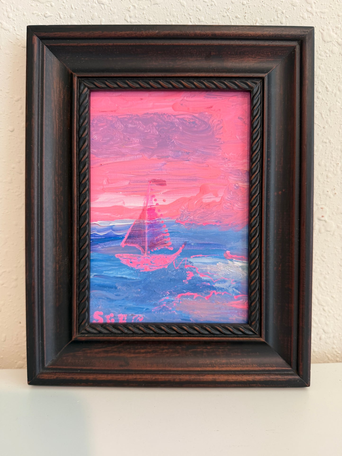 “Pin Dream” by Serg Graff Original Painting, Pink Sailboat Seascape, Coastal Art