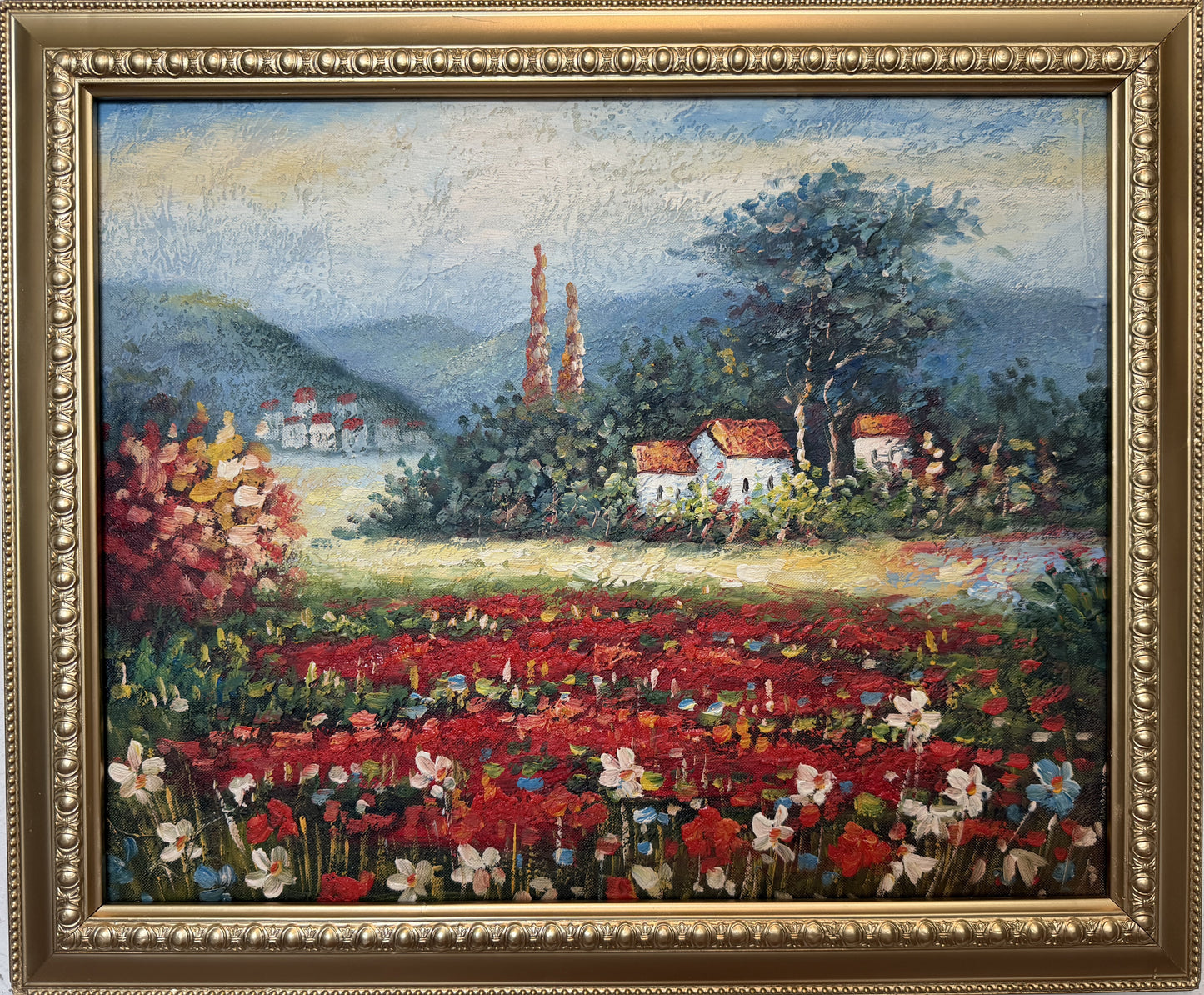 Vintage Impressionist Landscape Oil Painting Floral Meadow Countryside Scene