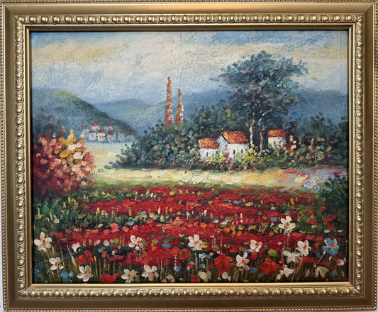 Vintage Impressionist Landscape Oil Painting Floral Meadow Countryside Scene