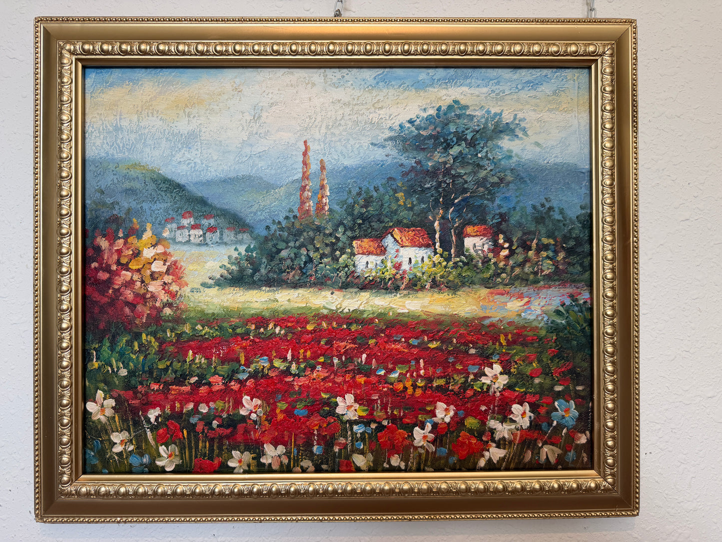 Vintage Impressionist Landscape Oil Painting Floral Meadow Countryside Scene