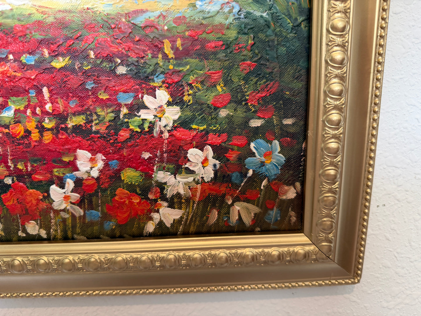 Vintage Impressionist Landscape Oil Painting Floral Meadow Countryside Scene