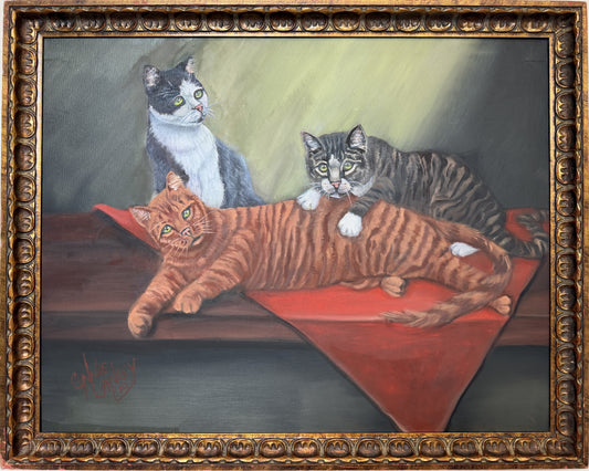 Signed Oil Painting of Three Cats, Cat Lover Wall Art, Framed Feline Portrait
