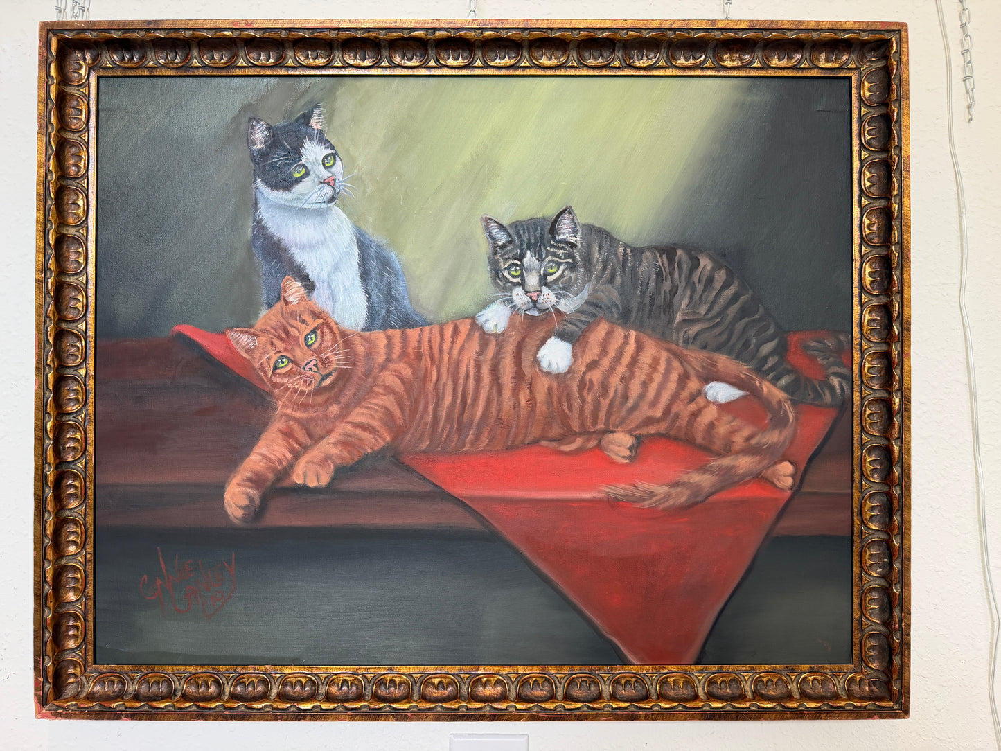 Signed Oil Painting of Three Cats, Cat Lover Wall Art, Framed Feline Portrait