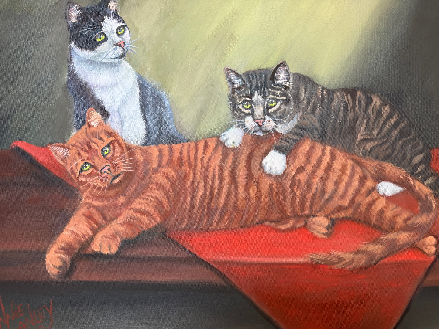 Signed Oil Painting of Three Cats, Cat Lover Wall Art, Framed Feline Portrait
