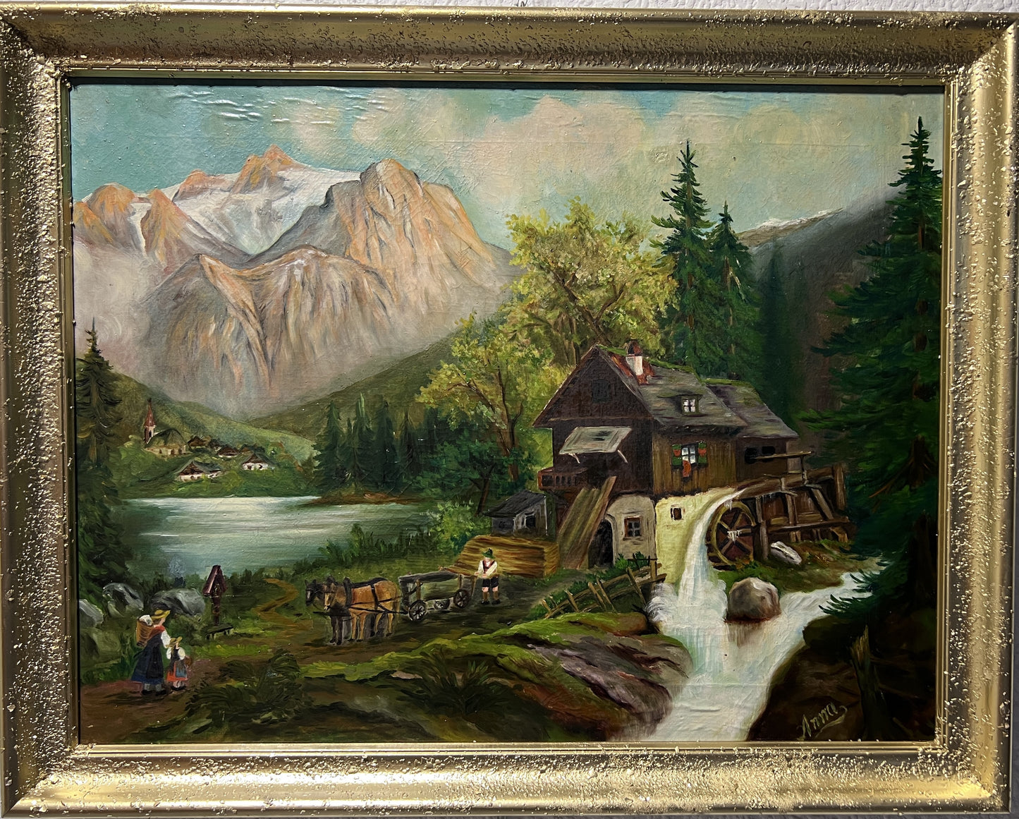 Vintage oil painting on canvas by Anna, Farm Landscape, Framed