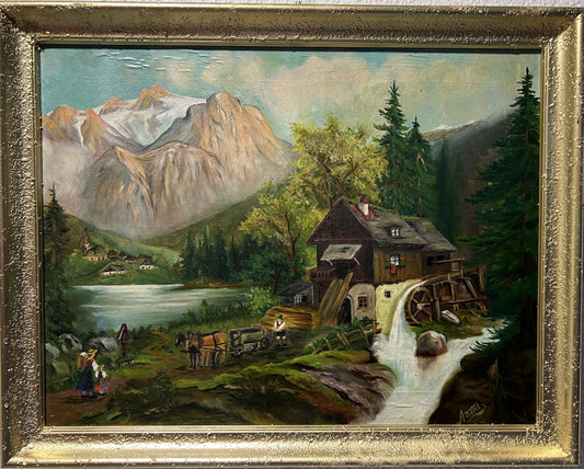 Vintage oil painting on canvas by Anna, Farm Landscape, Framed