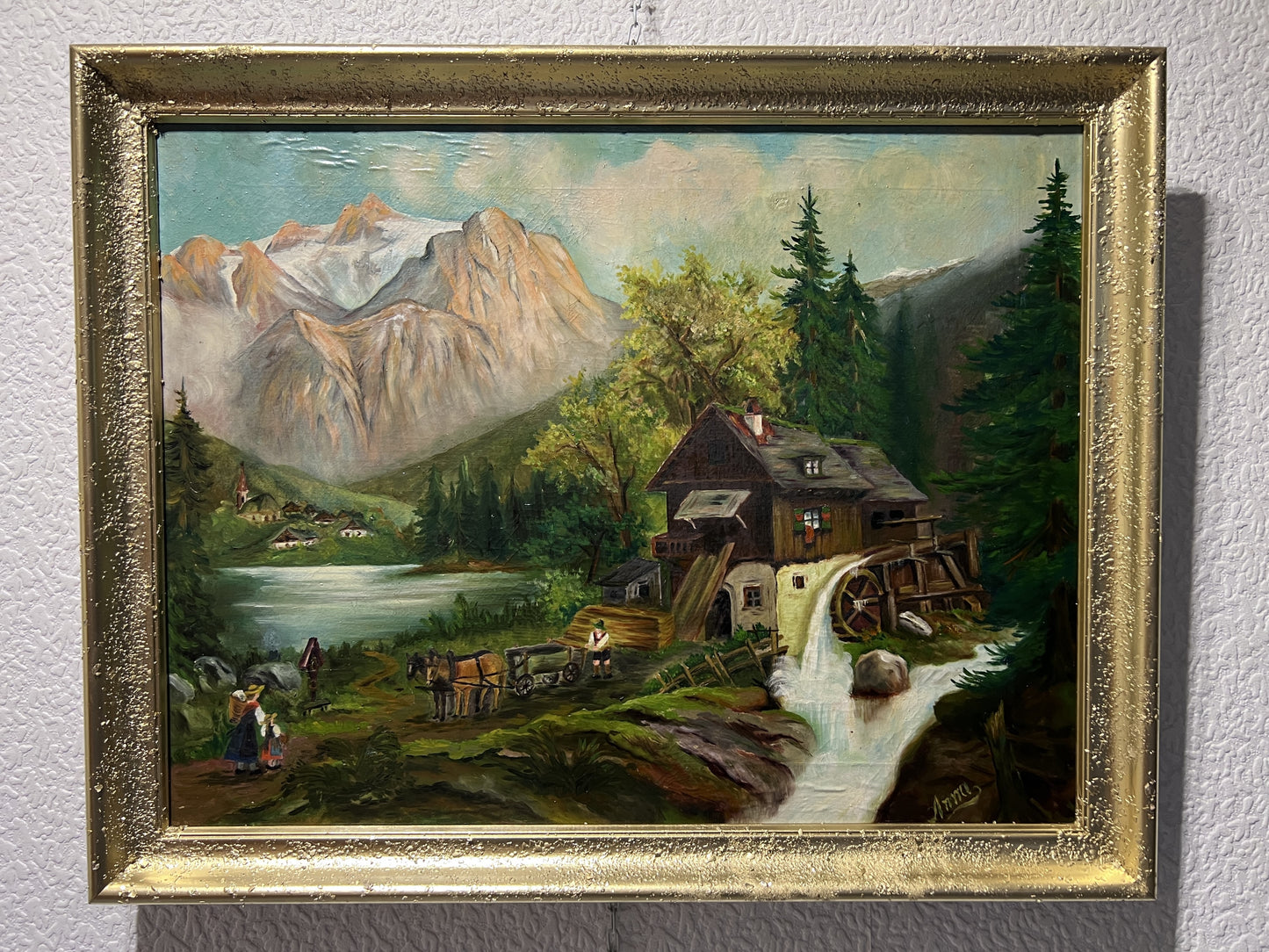 Vintage oil painting on canvas by Anna, Farm Landscape, Framed