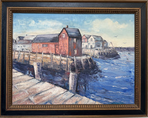 V. Caskey Coastal Harbor Vintage Oil Painting Signed 1975 Maritime Seascape Art