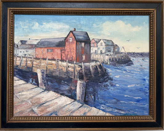 V. Caskey Coastal Harbor Vintage Oil Painting Signed 1975 Maritime Seascape Art