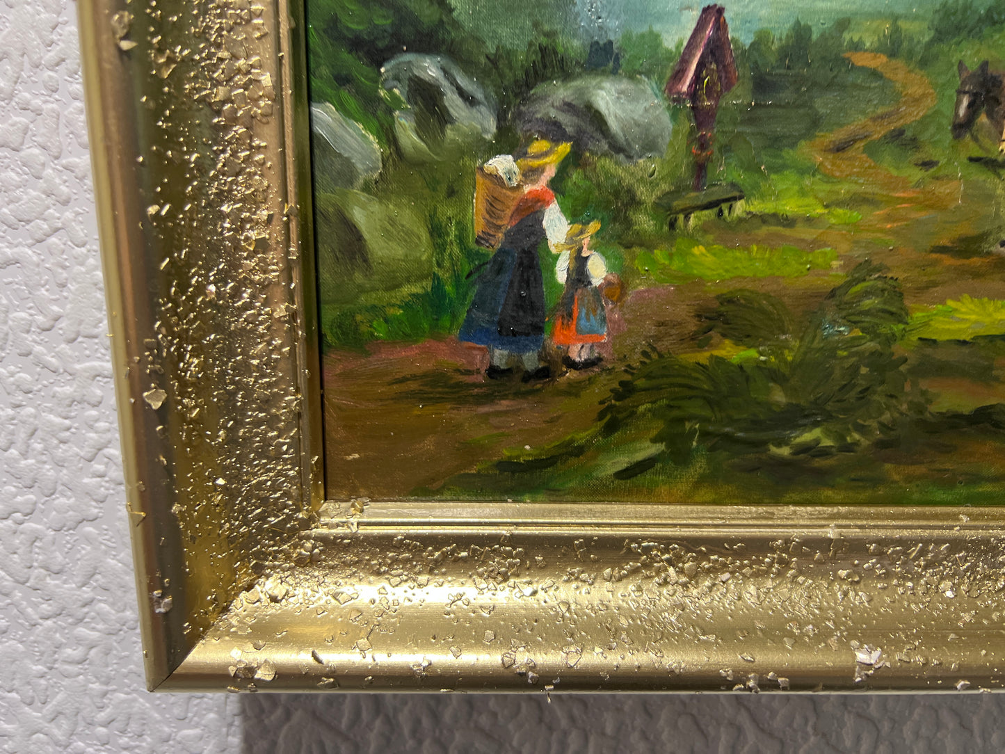 Vintage oil painting on canvas by Anna, Farm Landscape, Framed