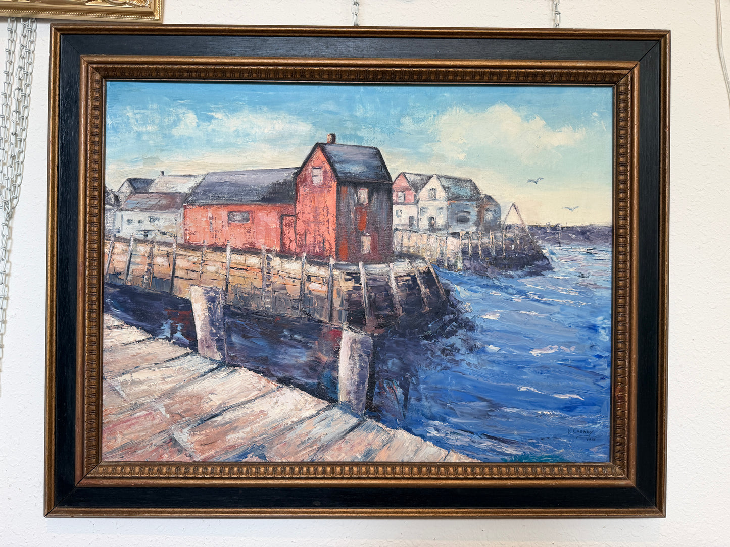 V. Caskey Coastal Harbor Vintage Oil Painting Signed 1975 Maritime Seascape Art