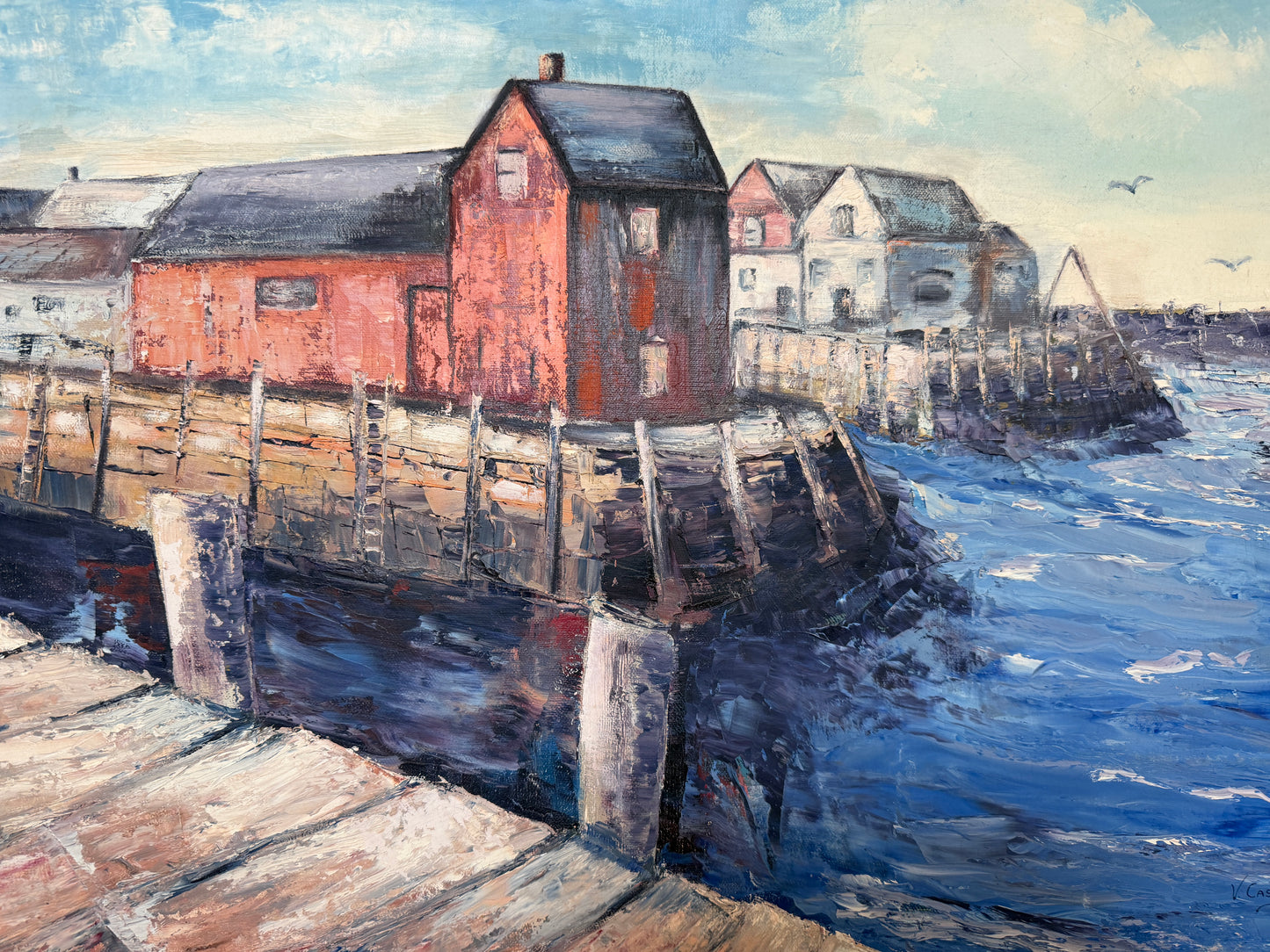 V. Caskey Coastal Harbor Vintage Oil Painting Signed 1975 Maritime Seascape Art