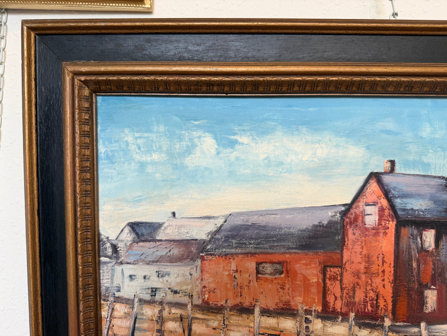 V. Caskey Coastal Harbor Vintage Oil Painting Signed 1975 Maritime Seascape Art