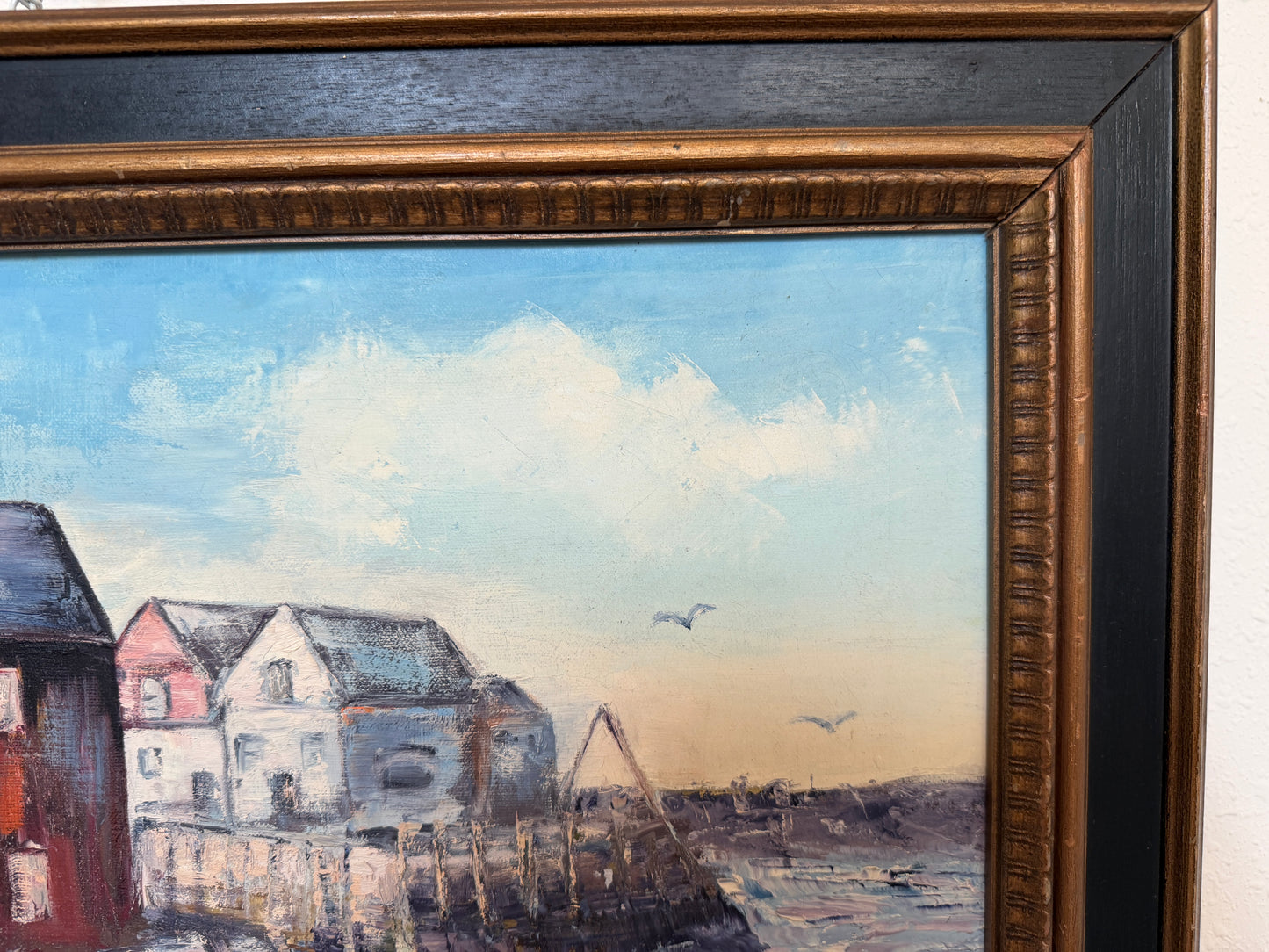 V. Caskey Coastal Harbor Vintage Oil Painting Signed 1975 Maritime Seascape Art