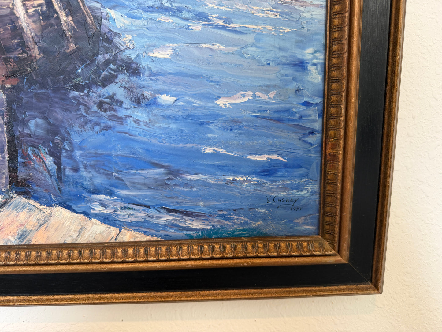 V. Caskey Coastal Harbor Vintage Oil Painting Signed 1975 Maritime Seascape Art