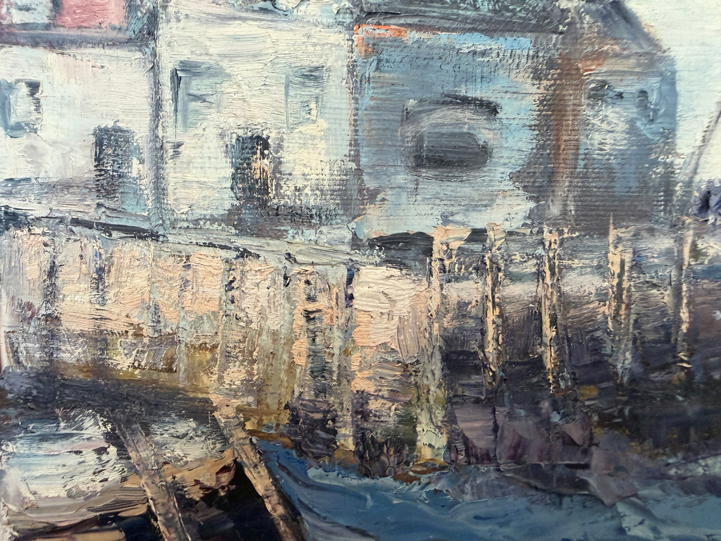 V. Caskey Coastal Harbor Vintage Oil Painting Signed 1975 Maritime Seascape Art