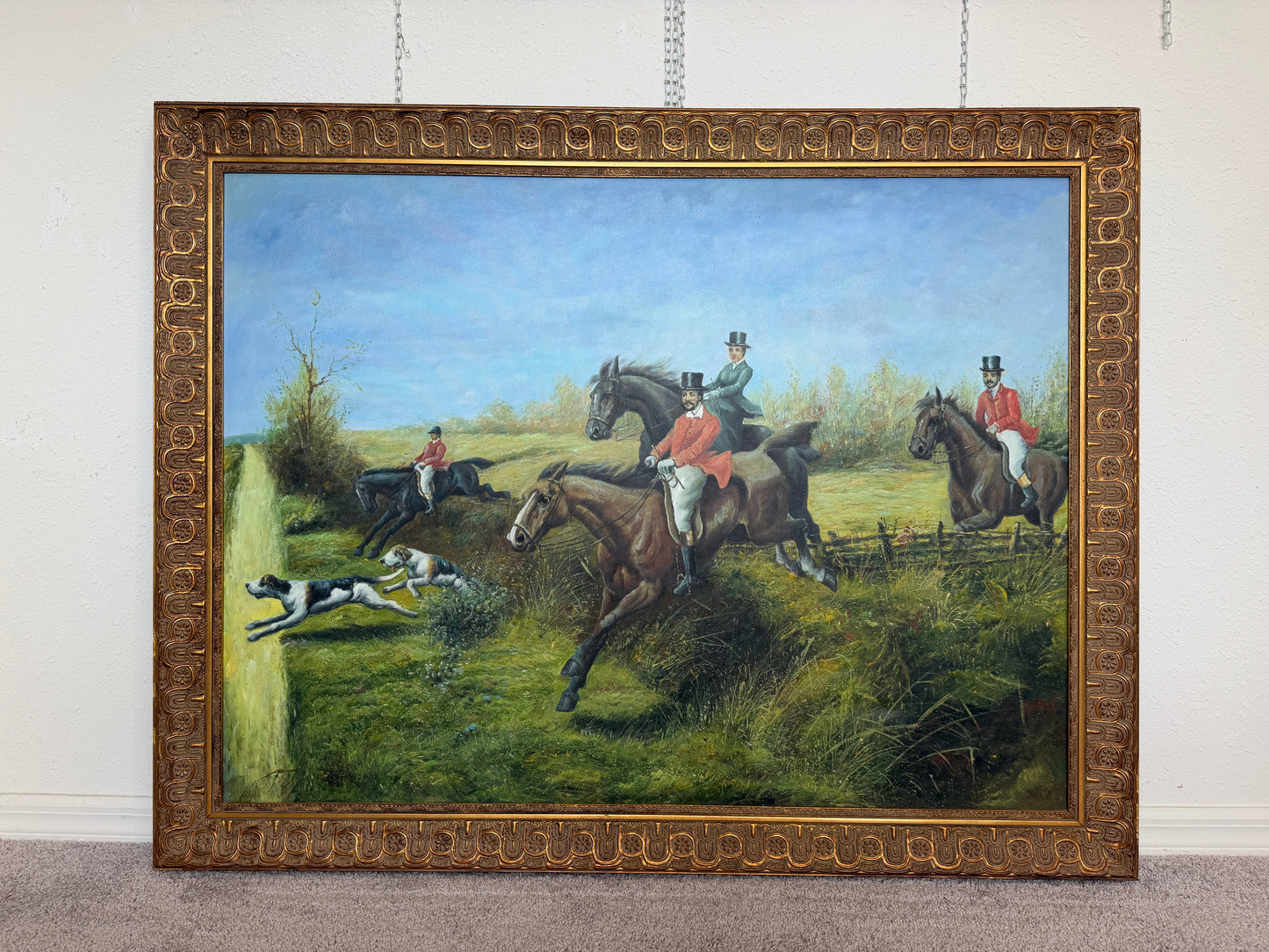 Huge Equestrian Fox Hunt Oil Painting, English Hunting Scene Art, Framed, Signed