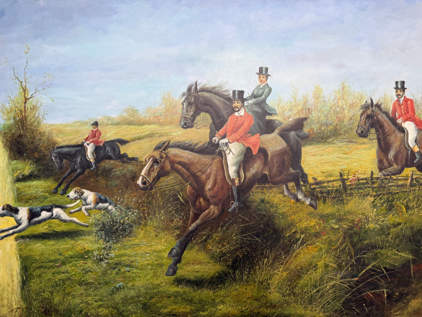 Huge Equestrian Fox Hunt Oil Painting, English Hunting Scene Art, Framed, Signed