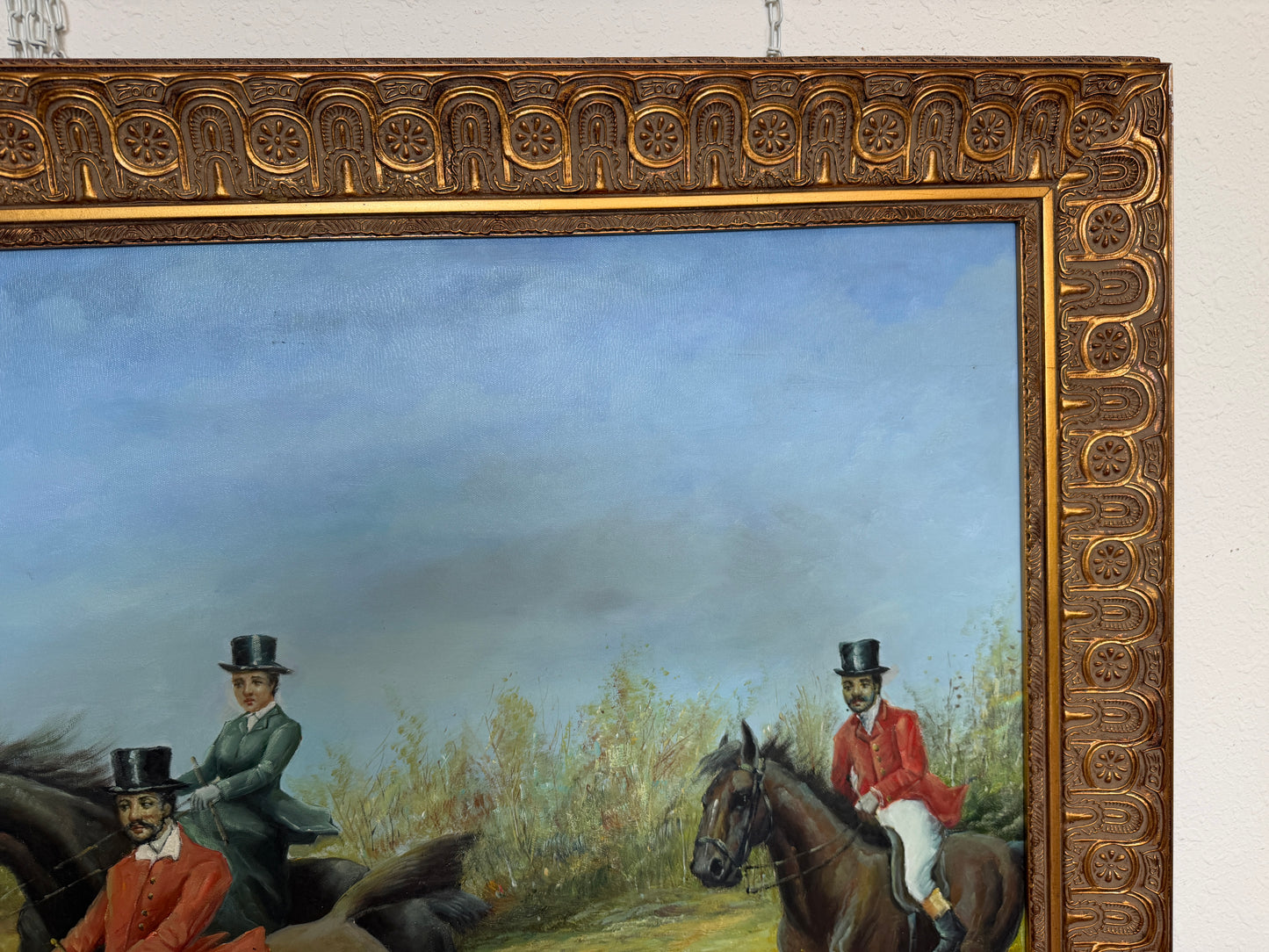 Huge Equestrian Fox Hunt Oil Painting, English Hunting Scene Art, Framed, Signed