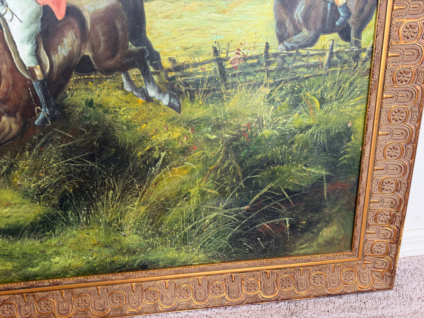 Huge Equestrian Fox Hunt Oil Painting, English Hunting Scene Art, Framed, Signed