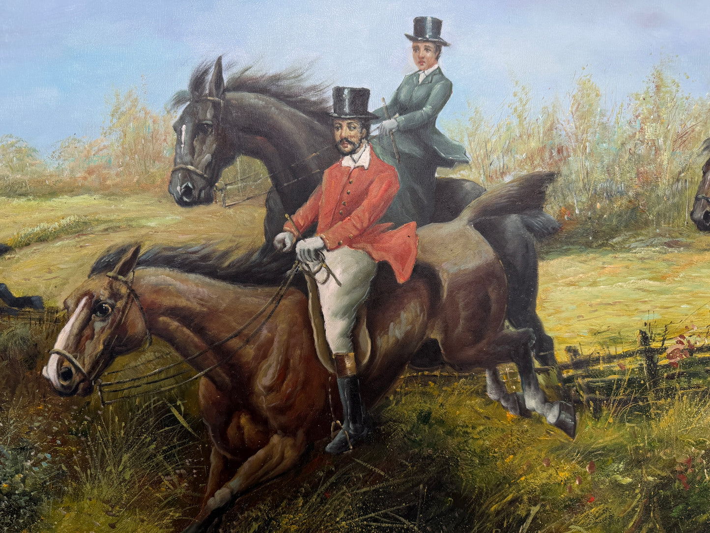 Huge Equestrian Fox Hunt Oil Painting, English Hunting Scene Art, Framed, Signed