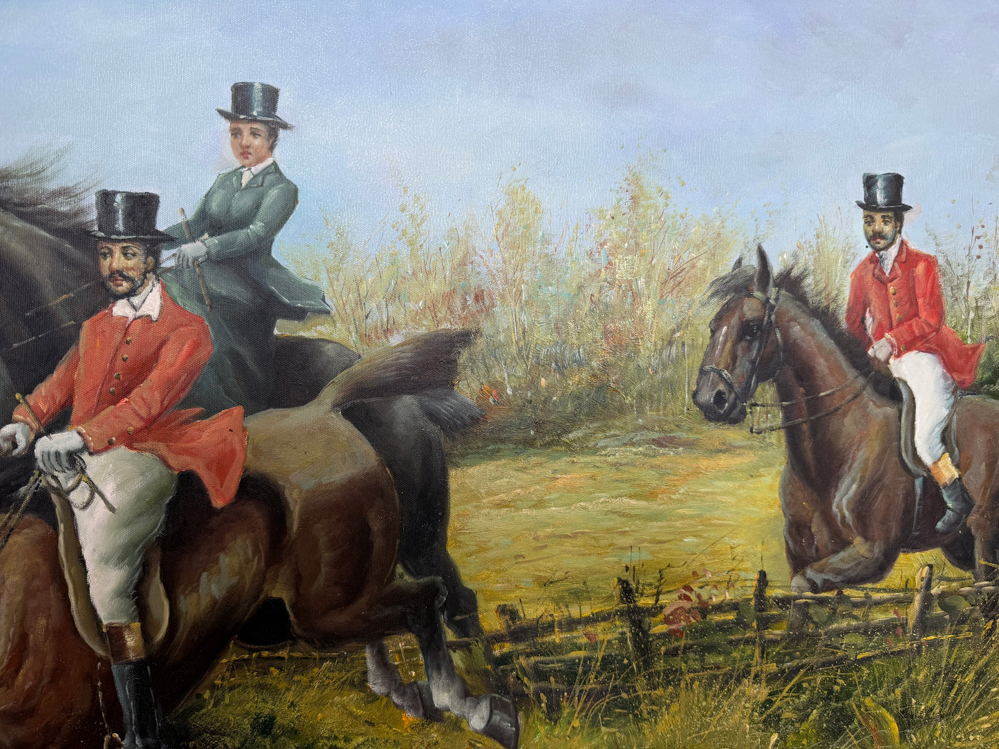 Huge Equestrian Fox Hunt Oil Painting, English Hunting Scene Art, Framed, Signed