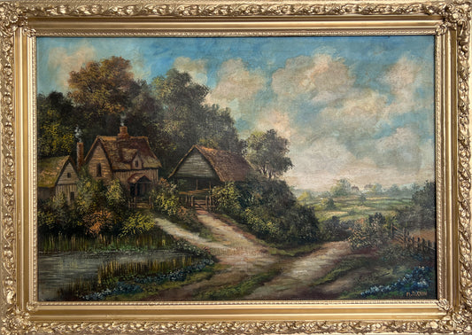Antique Oil Painting Countryside Cottage Landscape Signed M.D. Chin – Framed