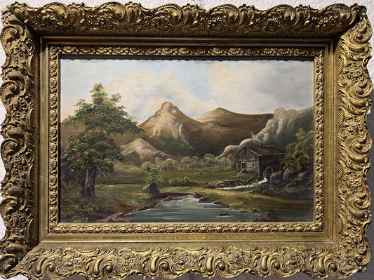 1894 Original Antique Oil painting on board, Rural Landscape, Monogrammed