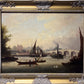 Original Antique 19th century Dutch Oil painting on canvas, Cityscape, Old town