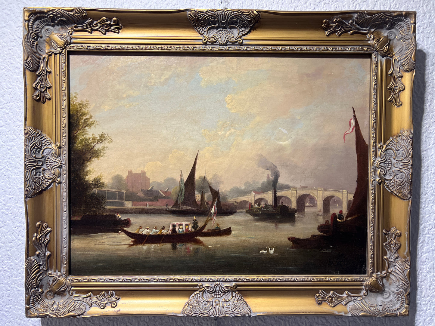 Original Antique 19th century Dutch Oil painting on canvas, Cityscape, Old town