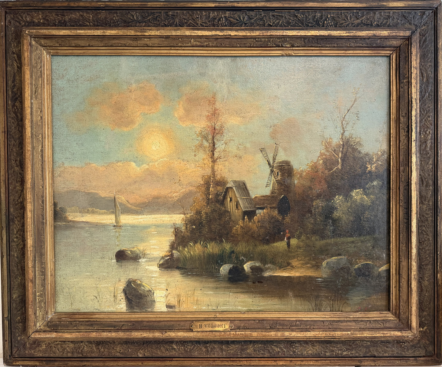 Antique European Romantic Lakeside Landscape with Windmill, attr. to H. Volpini