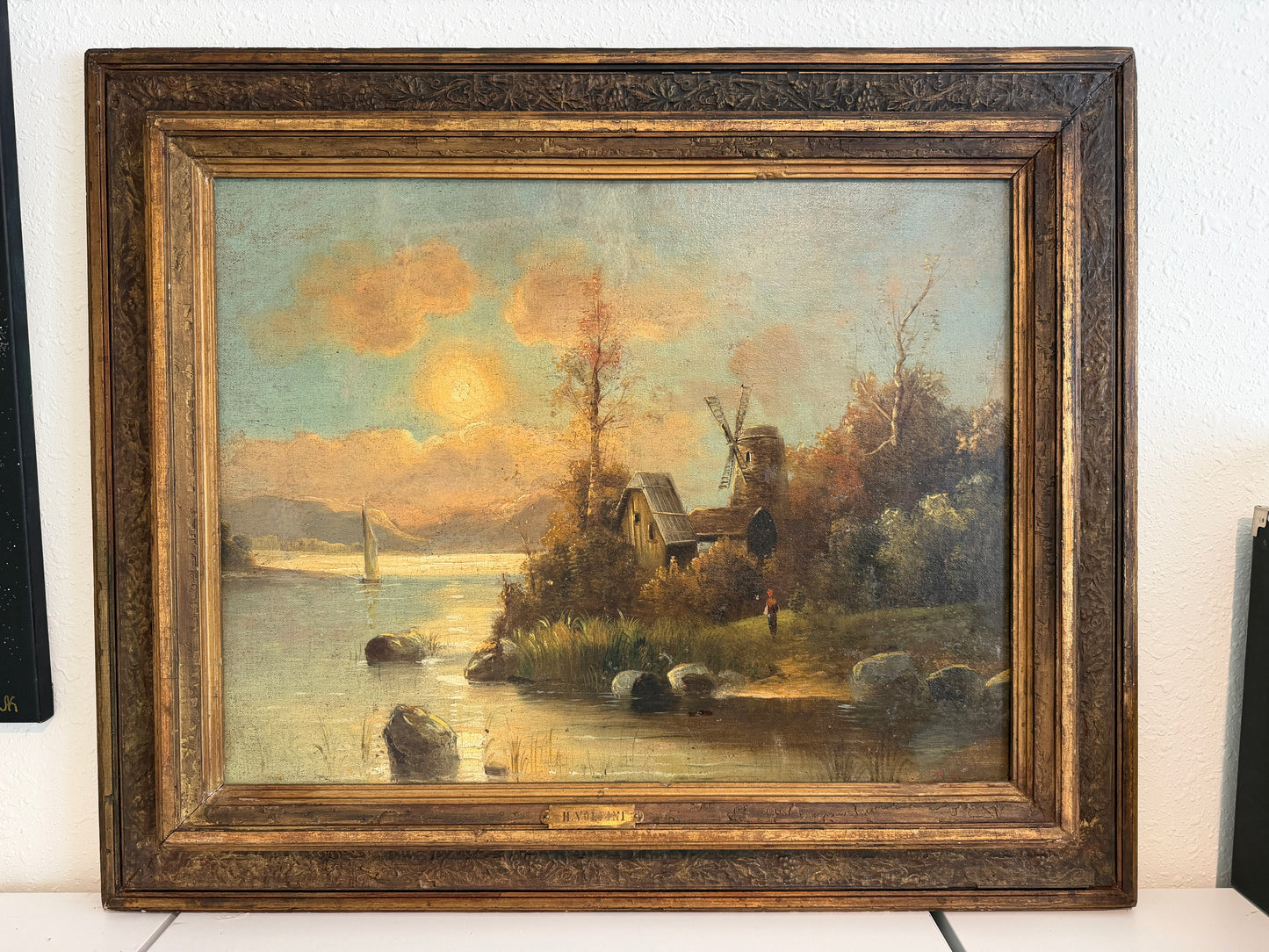 Antique European Romantic Lakeside Landscape with Windmill, attr. to H. Volpini