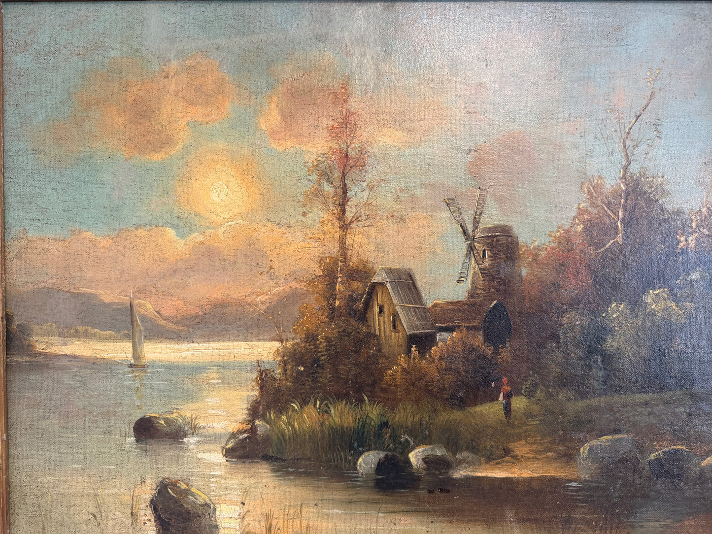Antique European Romantic Lakeside Landscape with Windmill, attr. to H. Volpini