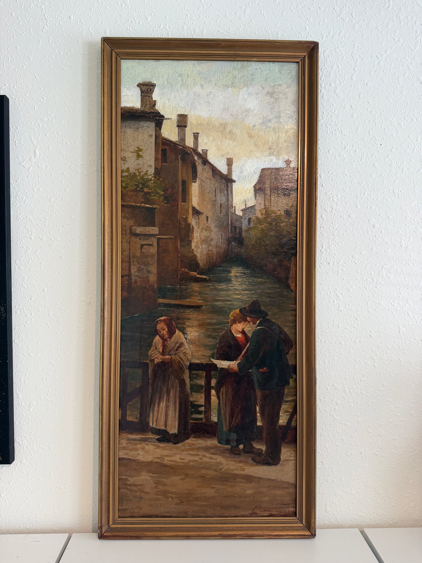 Antique 1913 Venetian/Italian School Canal Scene V. Campiniz Figures Landscape