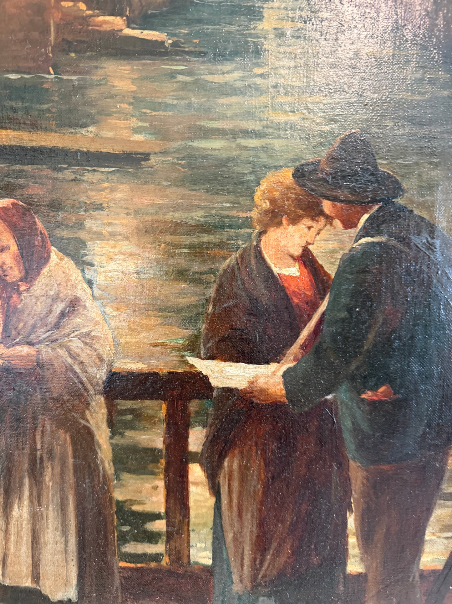 Antique 1913 Venetian/Italian School Canal Scene V. Campiniz Figures Landscape