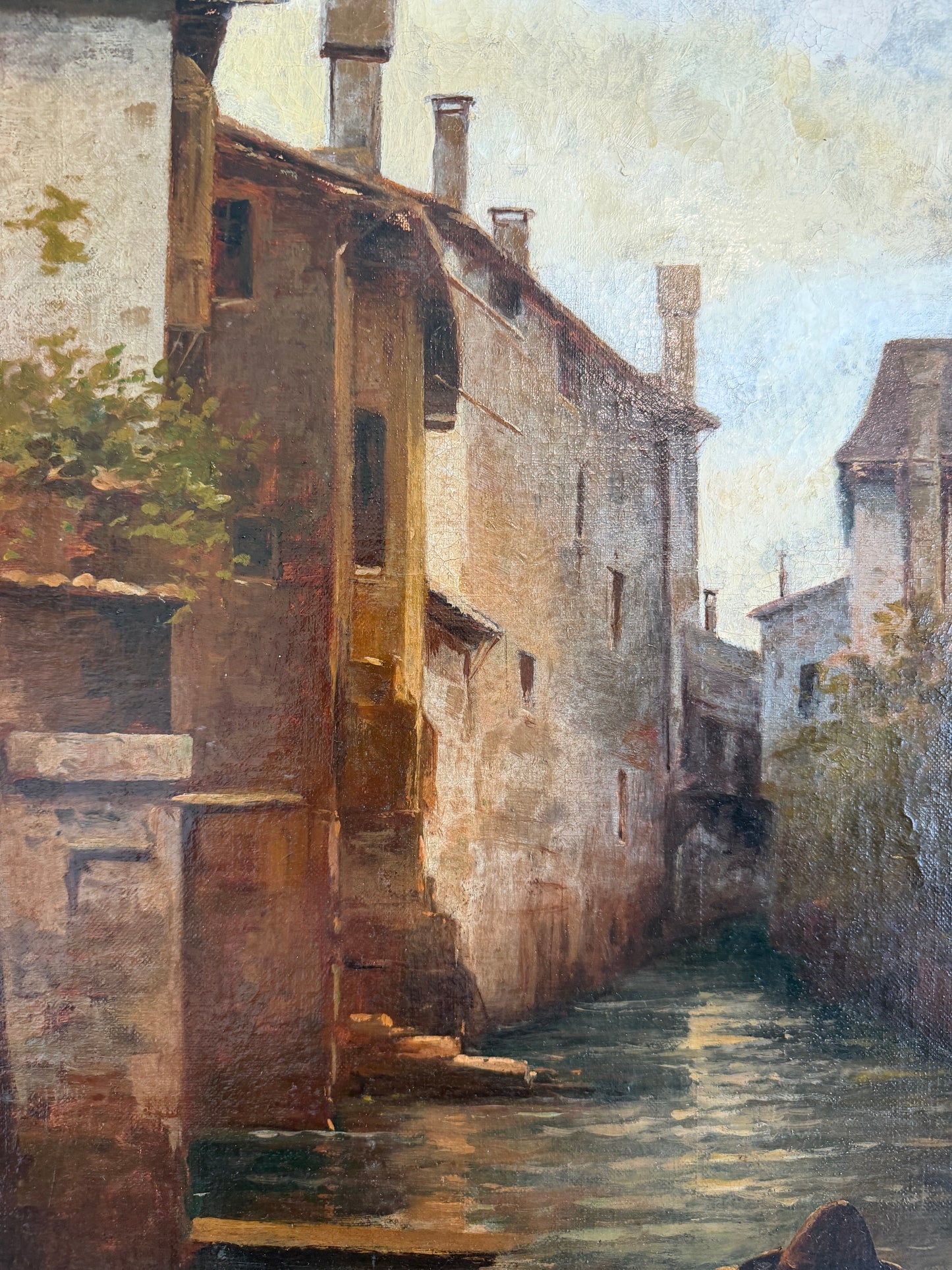 Antique 1913 Venetian/Italian School Canal Scene V. Campiniz Figures Landscape