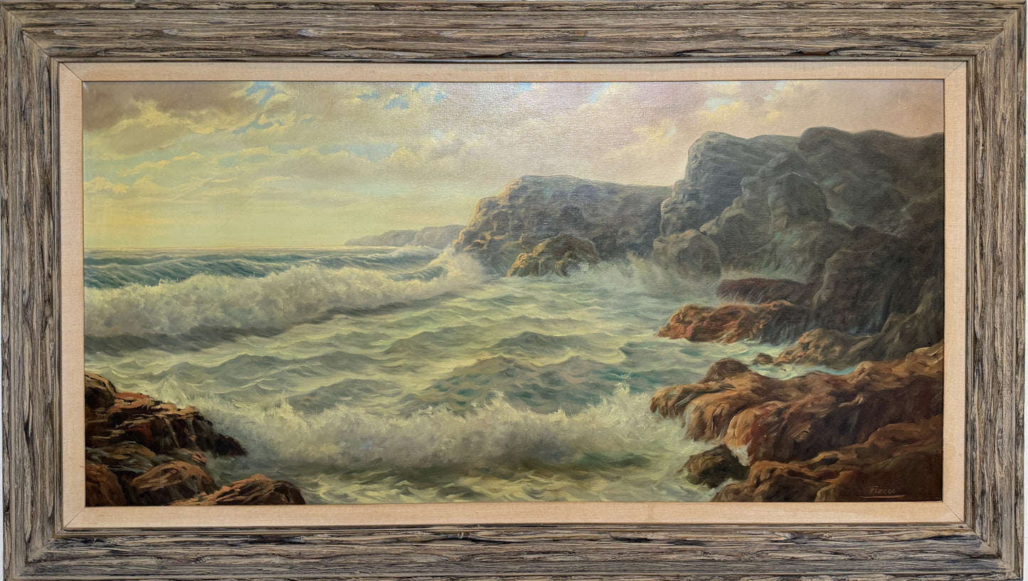 Large Vintage Coastal Seascape Oil Painting Signed Pierro Ocean Waves Framed