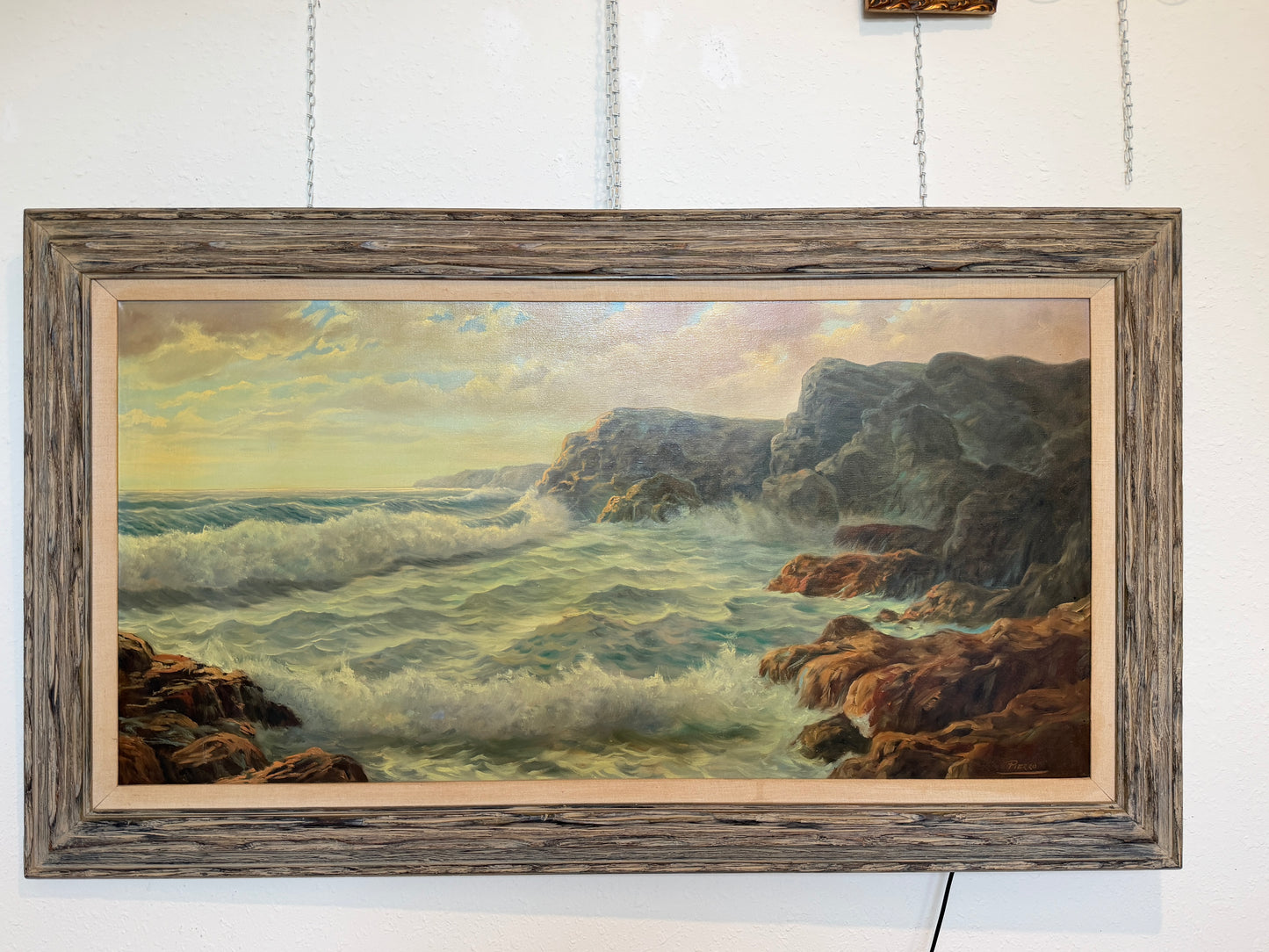 Large Vintage Coastal Seascape Oil Painting Signed Pierro Ocean Waves Framed