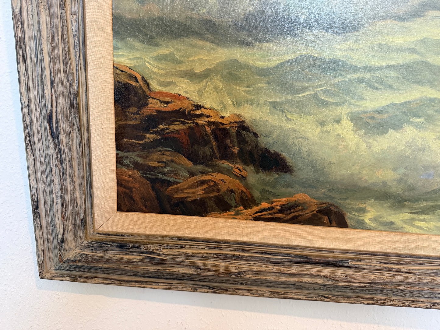 Large Vintage Coastal Seascape Oil Painting Signed Pierro Ocean Waves Framed