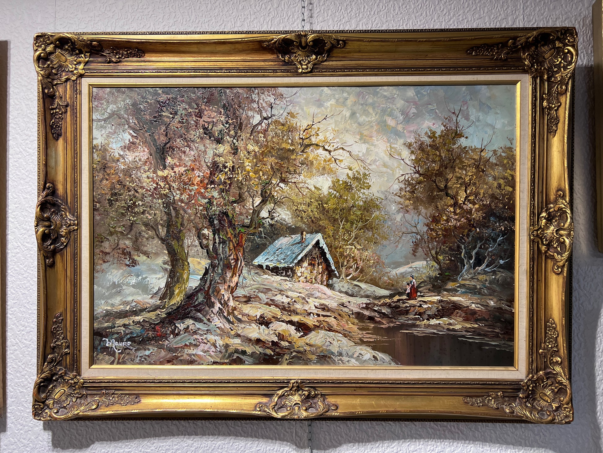 Large oil painting on canvas Signed Mauro, Rural Landscape, Gold frame