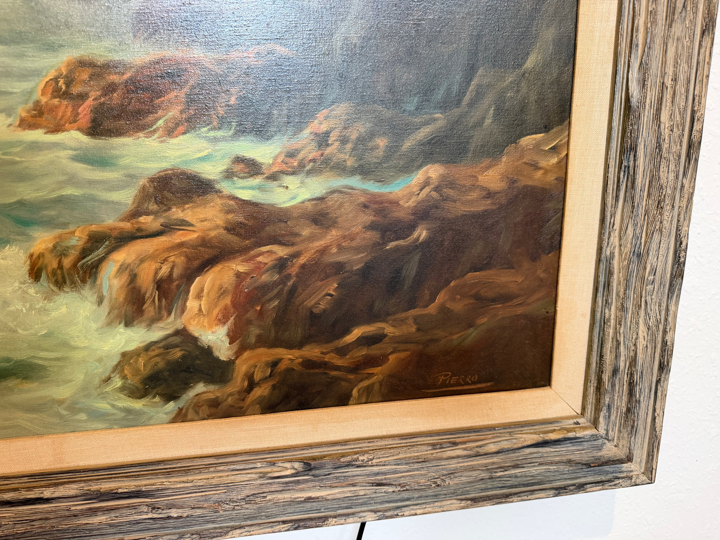 Large Vintage Coastal Seascape Oil Painting Signed Pierro Ocean Waves Framed