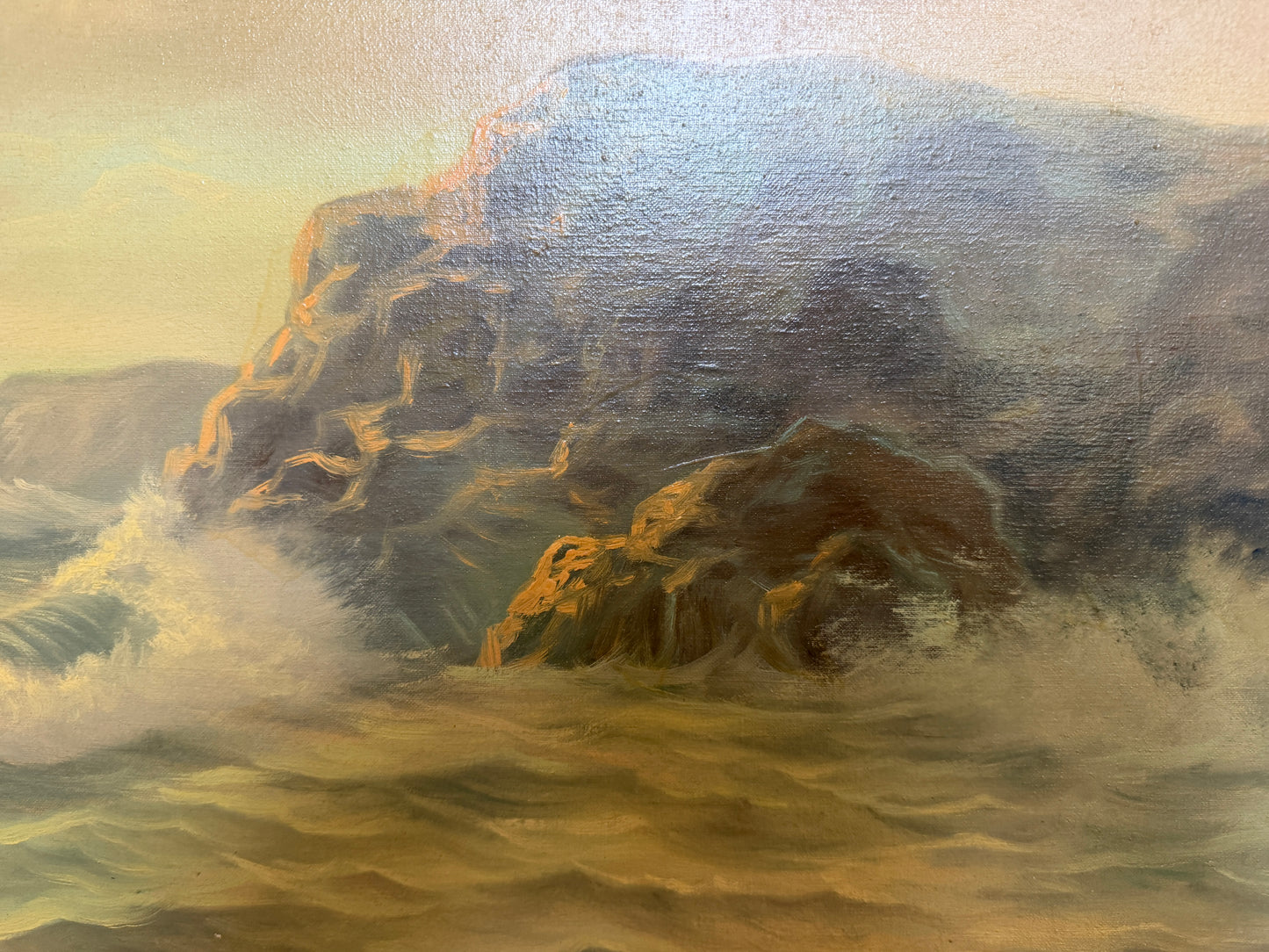 Large Vintage Coastal Seascape Oil Painting Signed Pierro Ocean Waves Framed