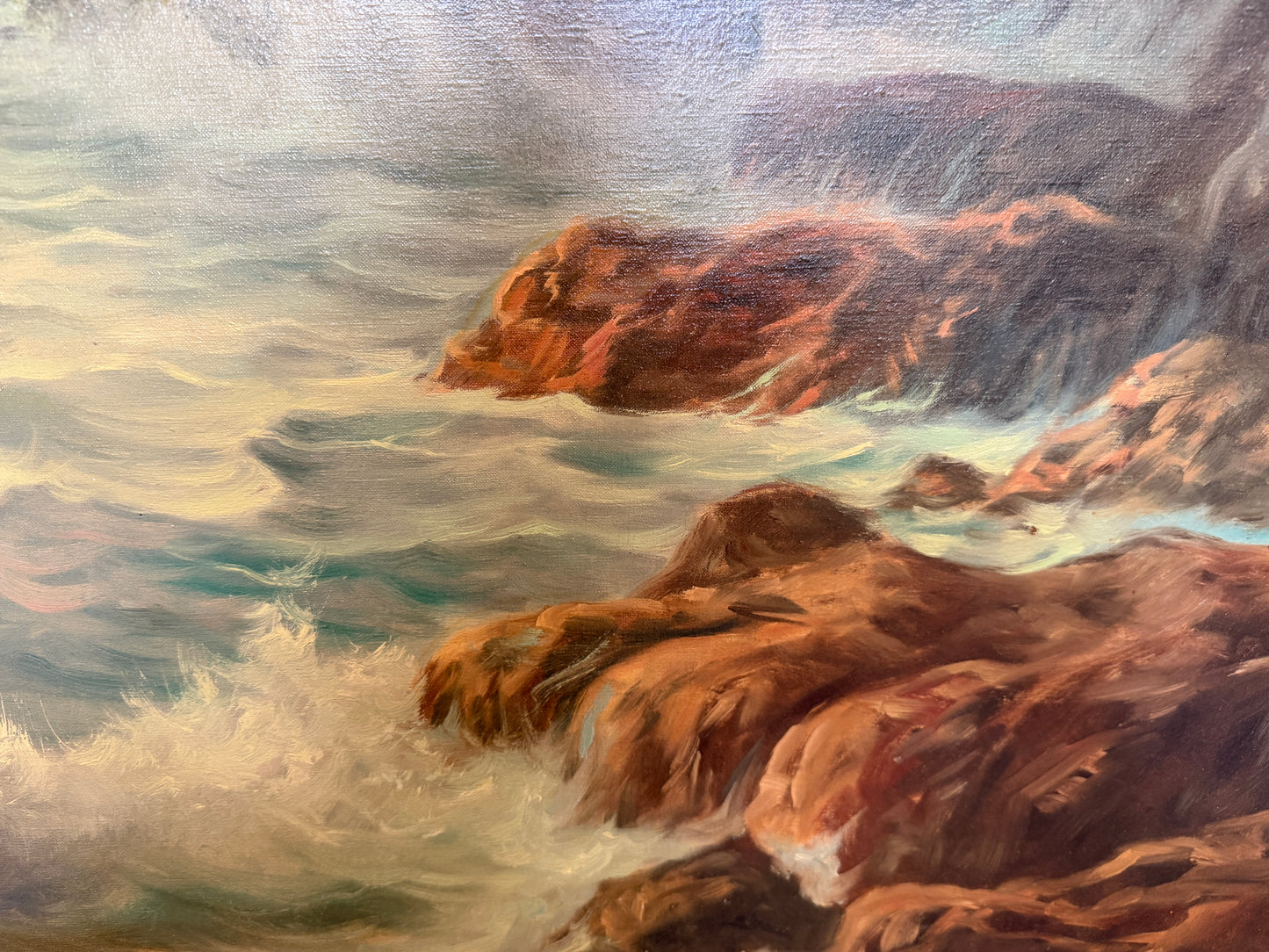 Large Vintage Coastal Seascape Oil Painting Signed Pierro Ocean Waves Framed