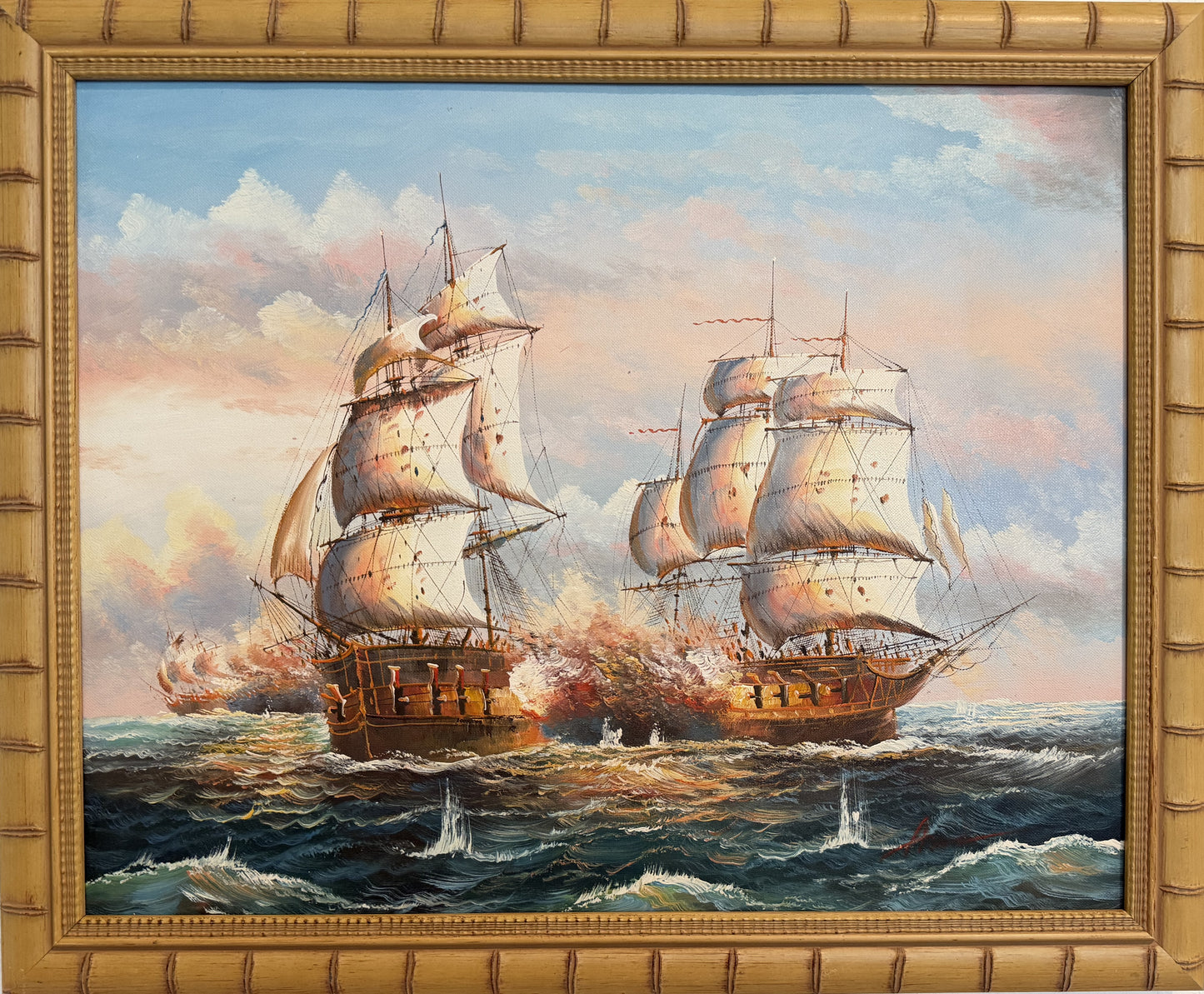 Original Marine Naval Battle Oil Painting Sailing Ships Seascape Framed, Signed